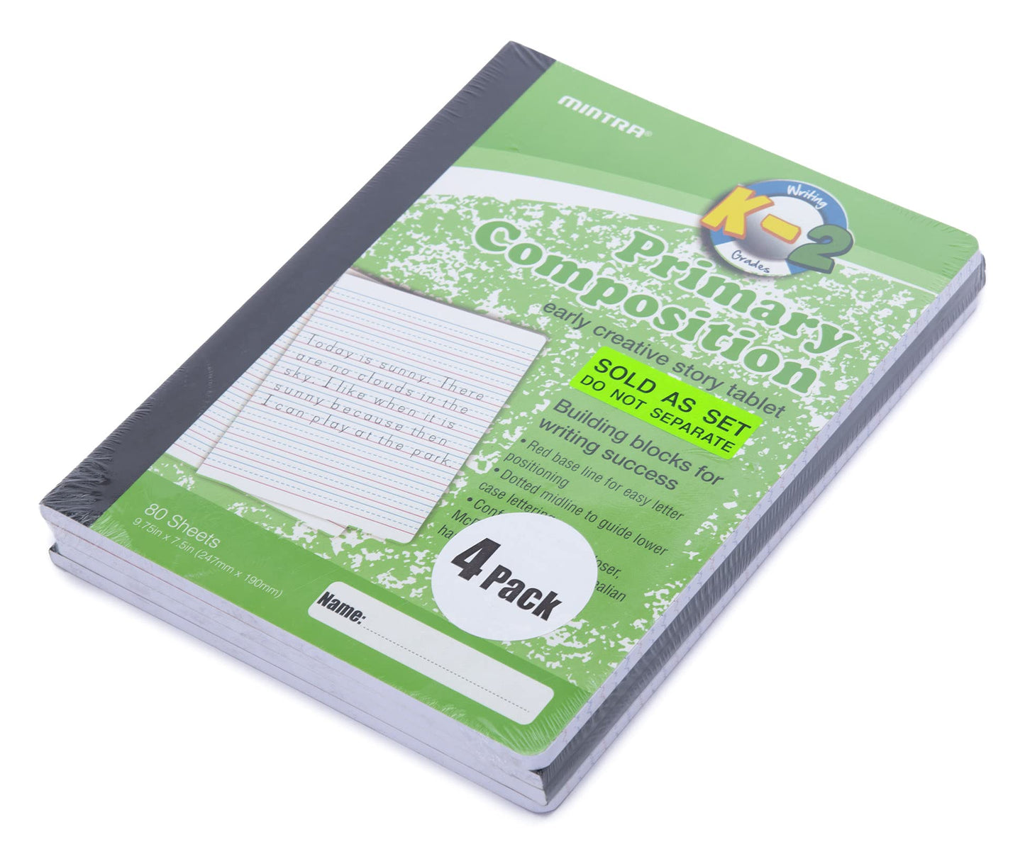 Mintra Primary Composition Notebook, 4 Pack, Assorted Colors 80 Sheets, 7.5in x 9.75in, Full Sheet, Ruled with Drawing Area, Flexible Hardcover Journal, Grade K-2, School & Home Use