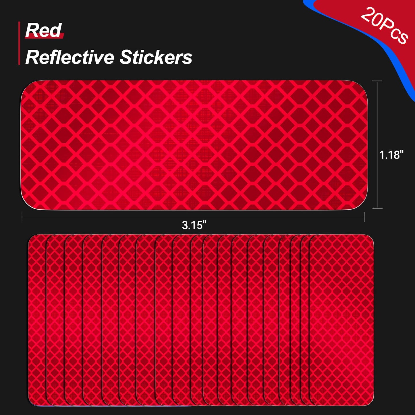 PHIXBEAR 20 Pcs Super Reflection Reflective Stickers, Safety Reflective Tape for Car Bike Mailbox Helmet, Red Tape Outdoor Waterproof 3.15" X 1.18"