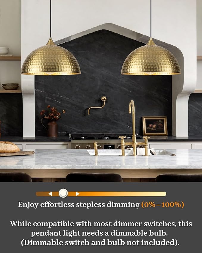 Gold Pendant Lights Kitchen Island 2 Pack, 12 Inch Hammered Dome Pendant Light, Farmhouse Kitchen Pendant Lights, Industrial Hammered Pendant Light for Kitchen, Dining Room, Barn