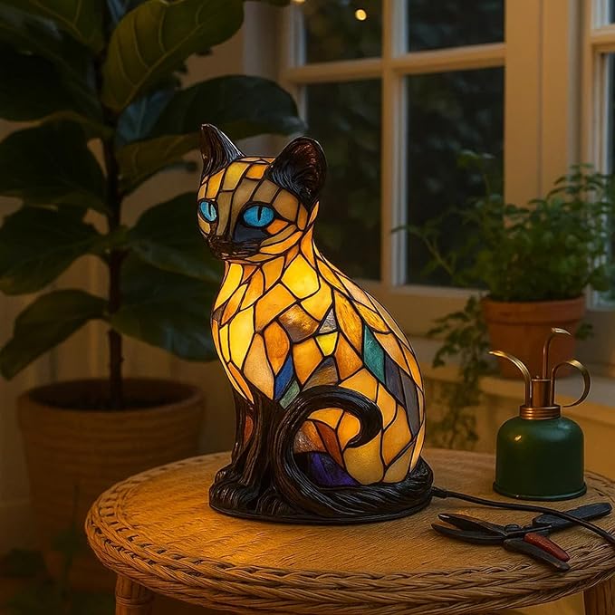 Cat Lamp, Stained Glass Cat Lamp, Decorative Resin LED Night Light for Cat Lovers, USB Vintage 3D Table Lamp Cozy Glow for Desk & Mantel – Fun Gift for Pet Owners (Siamese Cat B)
