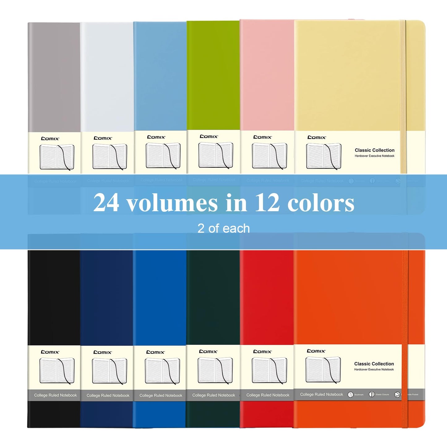 COMIX 24 Pack Lined Journal Notebooks for Work, 240 Pages, Medium 5.5" x 8.3", A5 Hardcover Journaling Notebooks for Business School Office, Notebooks Journals for Women & Men