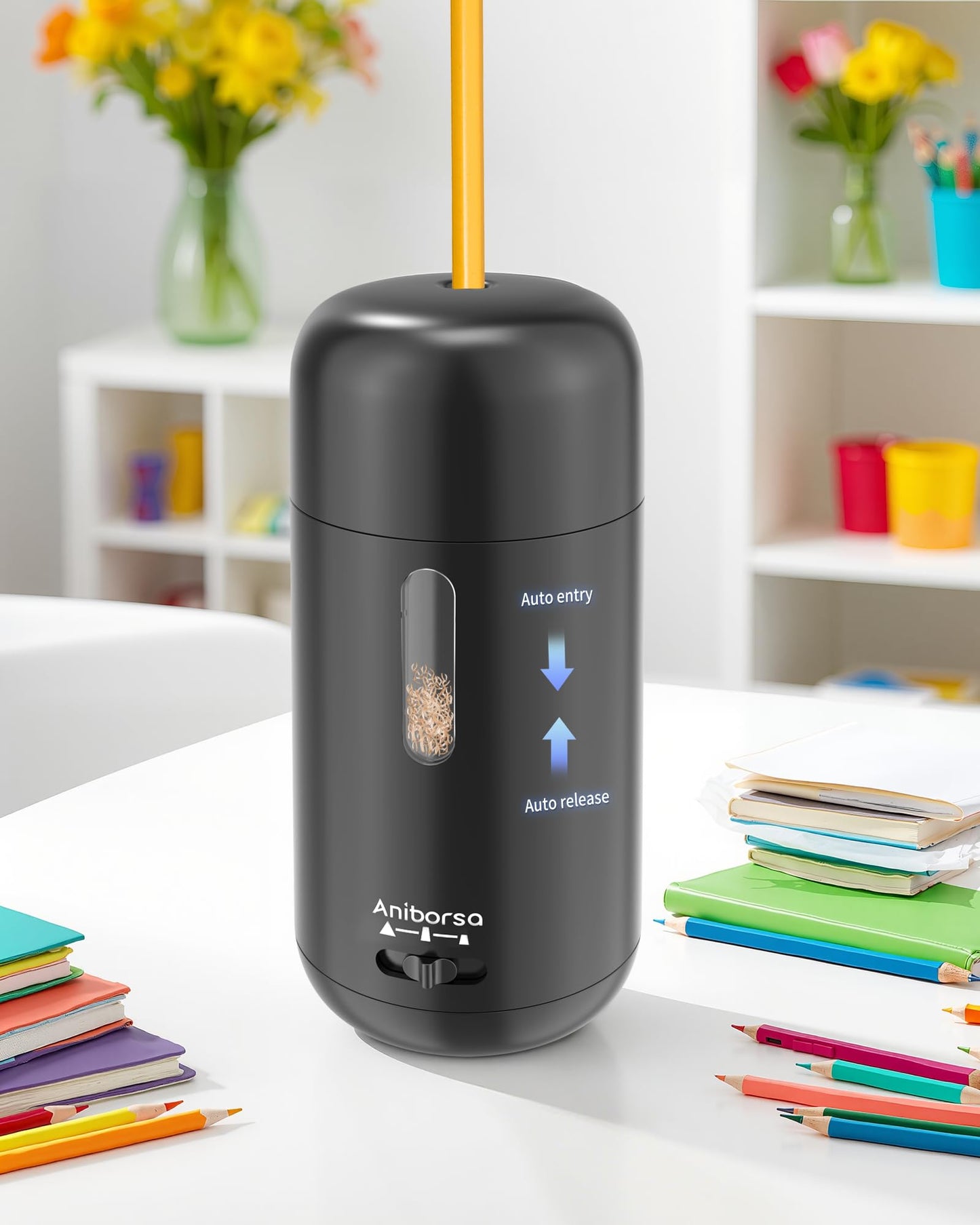 Aniborsa Automatic Electric Pencil Sharpener - Auto Feed, Auto Stop & Auto Eject, Rechargeable for Classroom, Home, School, Office, Black