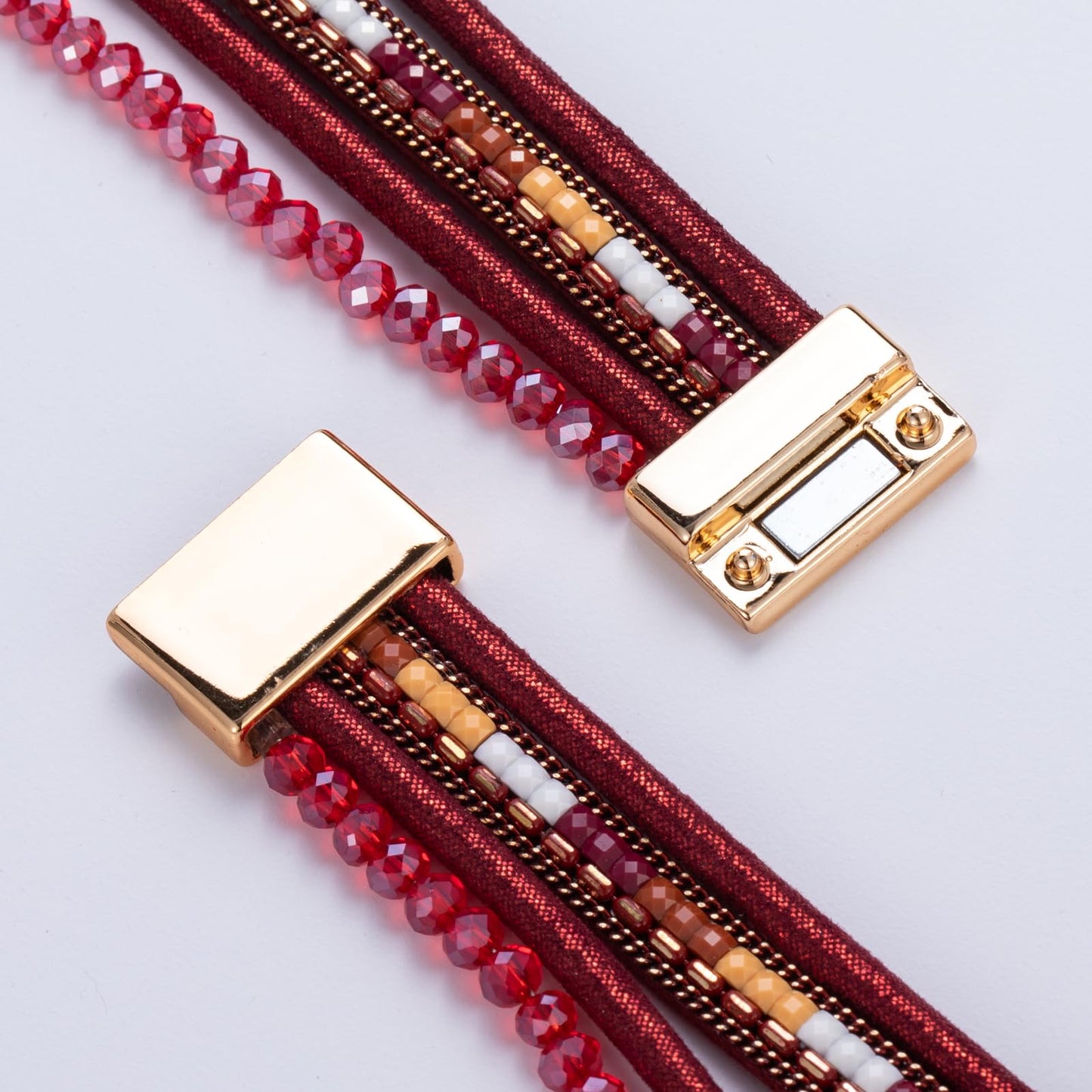 FANCY SHINY Leather Wrap Bracelets Crystal Beads Bracelet Boho Cuff Stone Charm Bracelets with Clasp Costume Jewelry for Women(Burgundy)