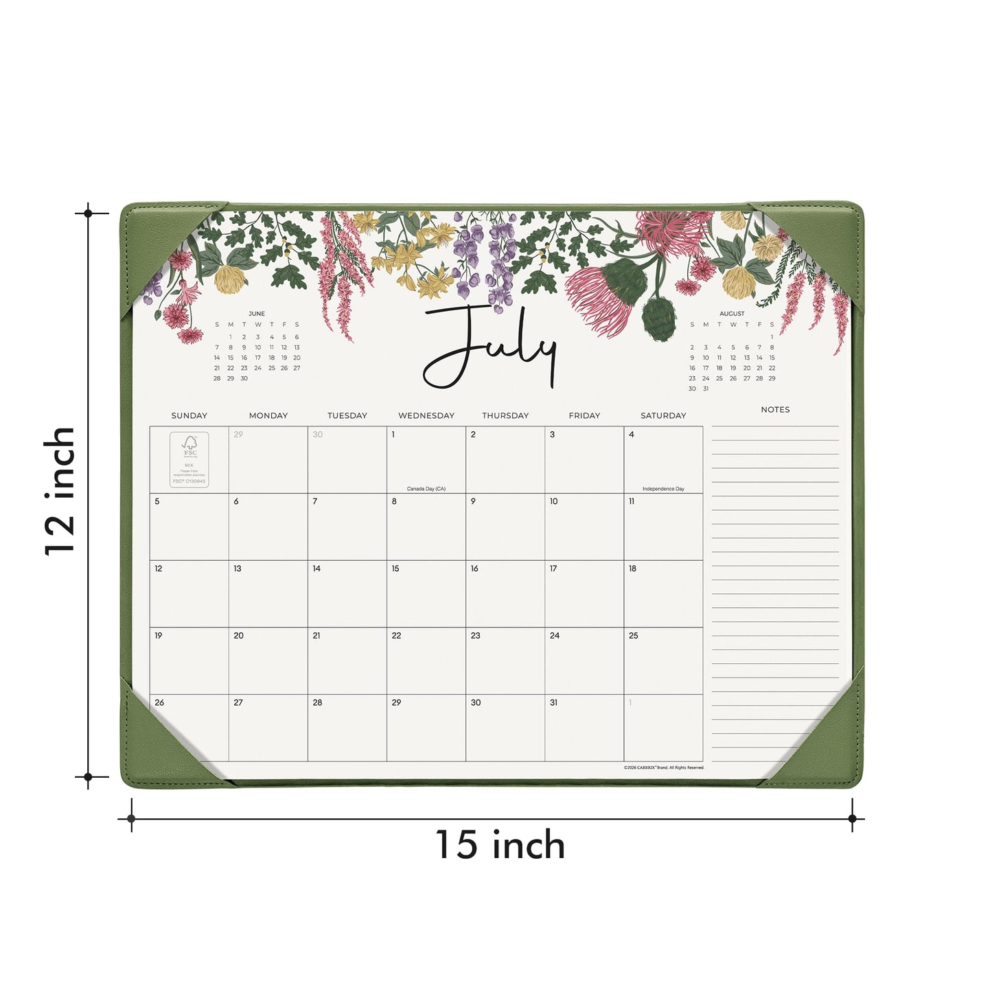 Cabbrix Desk Calendar 2026 with Desktop Mat, Desk Pad Calendar 15"x 12" From July 2026 to December 2027, Desk Calendar for Home Office and School, Easy Planning, Green