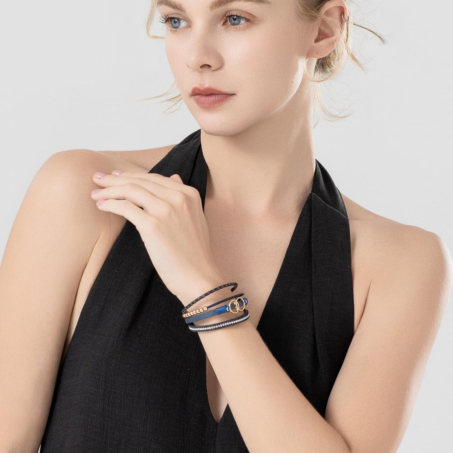 FANCY SHINY Boho Leather Wrap Bracelet Stackable Beaded Infinity Chunky Cuff Bracelets with Magnetic Clasp Western Hippie Outfits Jewelry Gifts for Women(Navy Blue)