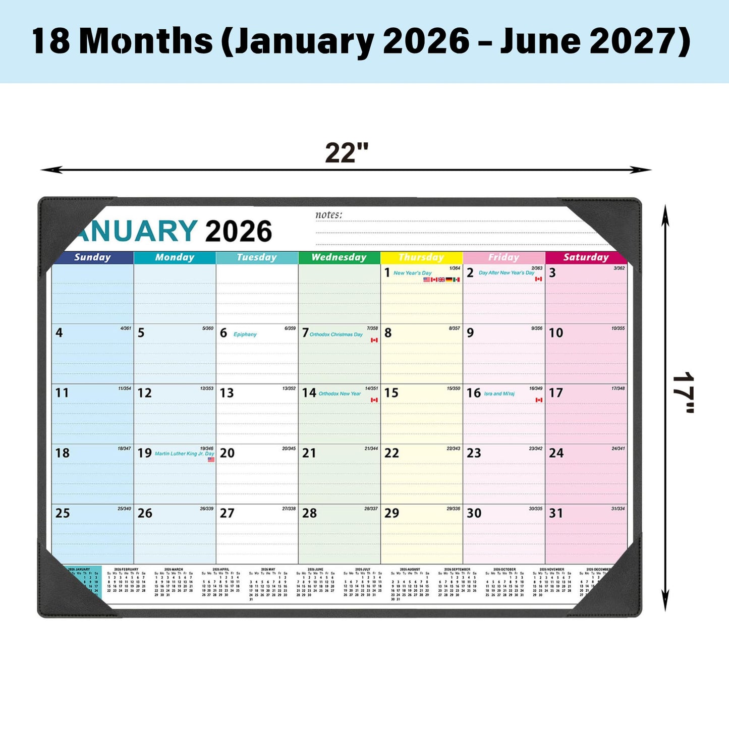 Large Desk Calendar 2026-2027 17'' X 22'' with Desktop Mat, 18 Months Desktop Calendar from JAN 2026 - JUN 2027, Blotter Calendar for Office School Home, Rolled Package