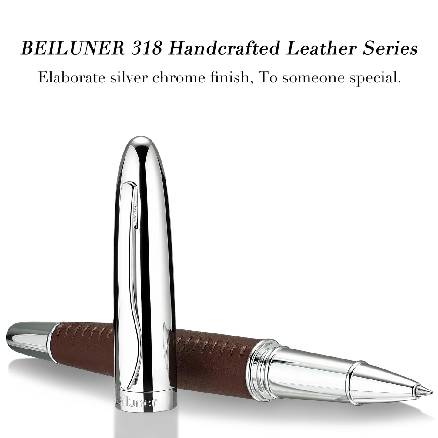 BEILUNER 318 Luxury Leather Pen, Hand-Stitched Premium Leather, Chrome-Plated Finish, Schmidt Ink Refill, Fancy Rollerball Pen Gift Set for Men & Women, Executive Writing, Nice Designer pen