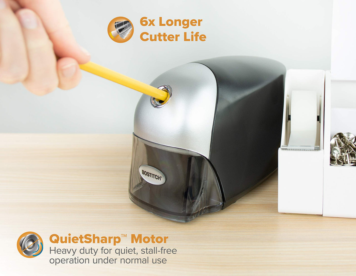 Bostitch Office QuietSharp Executive Heavy Duty Electric Pencil Sharpener for 65% Faster Sharpening and 6X Longer Cutter Life - Colored Pencil Compatible, Black