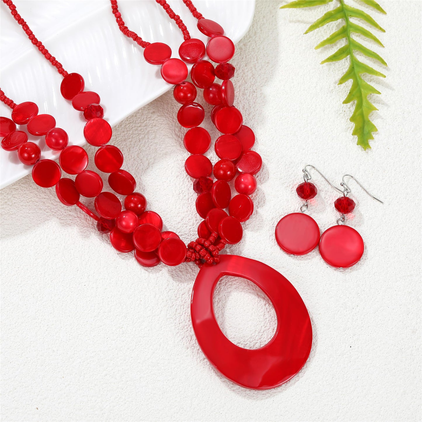 Aenu Multi-Strand Beaded Necklace with Teardrop Pendant Colorful Beads Statement Jewelry Set for Women (Red)