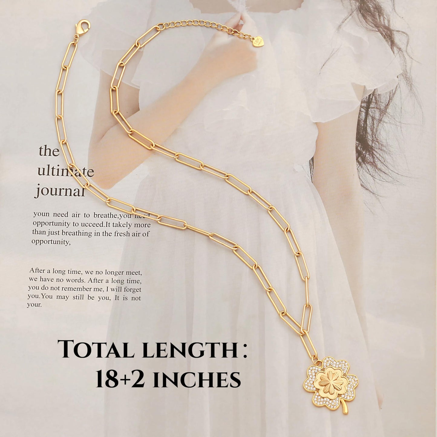 PEARLADA Dainty Four Leaf Clover Necklace, 18k Gold Plated Paperclip Necklace for Women, Cubic Zirconia Lucky Charm Jewelry