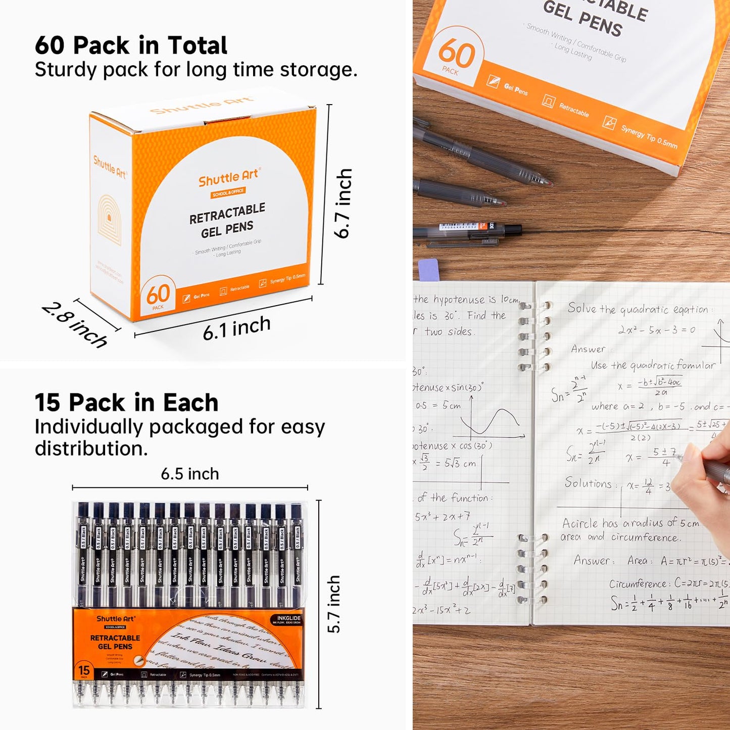 Shuttle Art Black Gel Pens, Ink Glide Series 60 Pack Retractable 0.5mm Fine Point Rollerball Gel Ink Pens Bulk Set Quick Drying Smooth Writing with Grip for Journaling Note Taking Office School Home