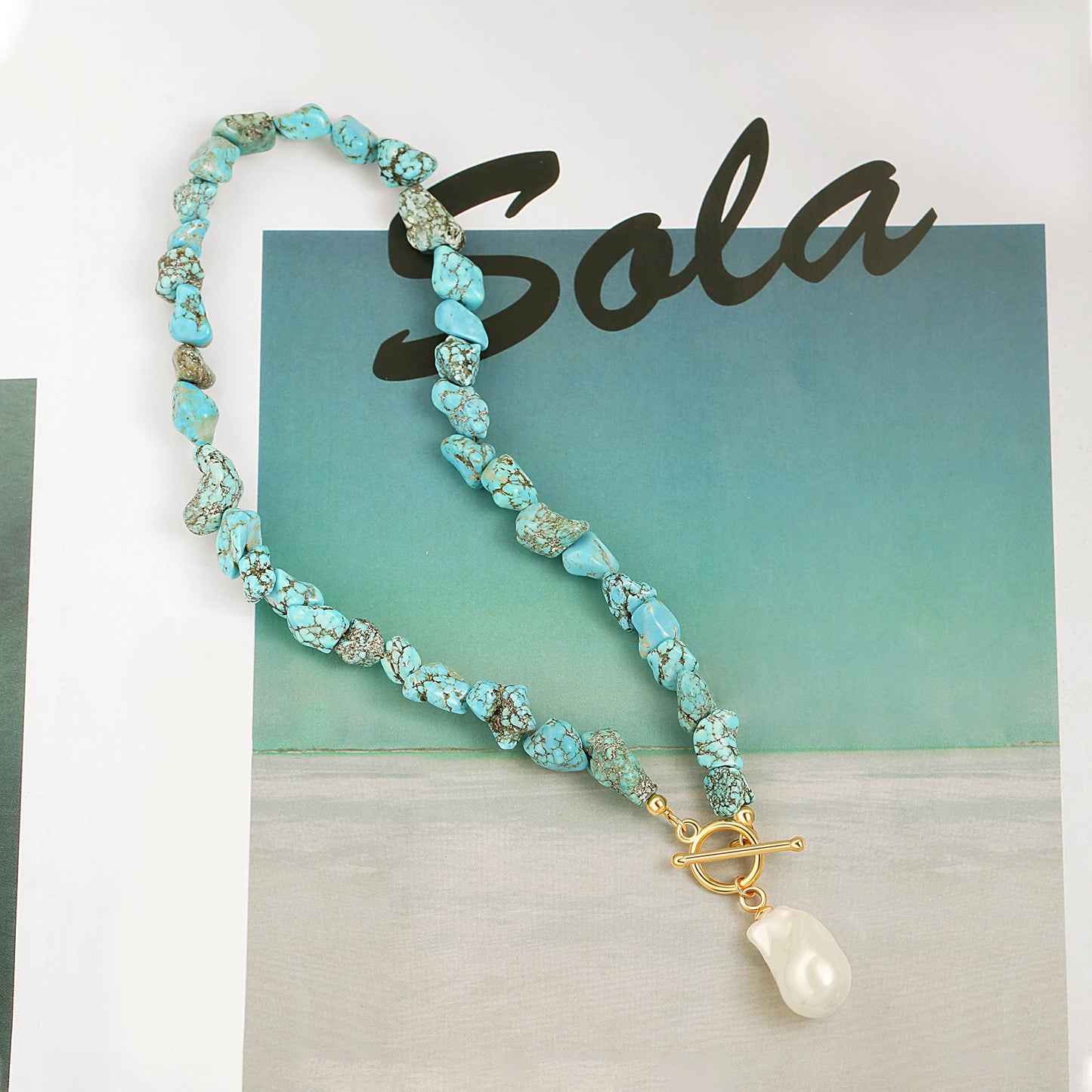 Chunky Statement Turquoise Necklace, Big Baroque Pearl Pendant Choker, Trendy Turquoise Jewelry for Summer