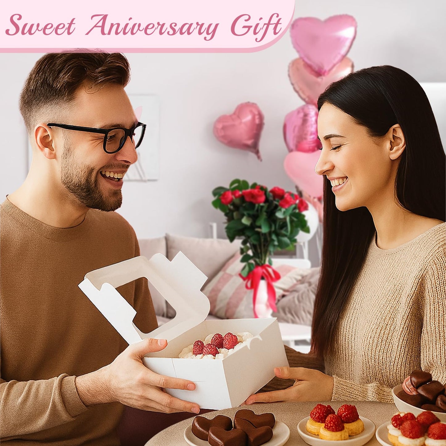 OAMCEG 50 Pack Cupcake Boxes with Window 6x6x3 Inches Cookie Boxes, Bakery Treat Boxes for Pastry, Desserts, Chocolate Strawberries, Cupcake Containers, Gift Giving with Stickers & Twine (White)