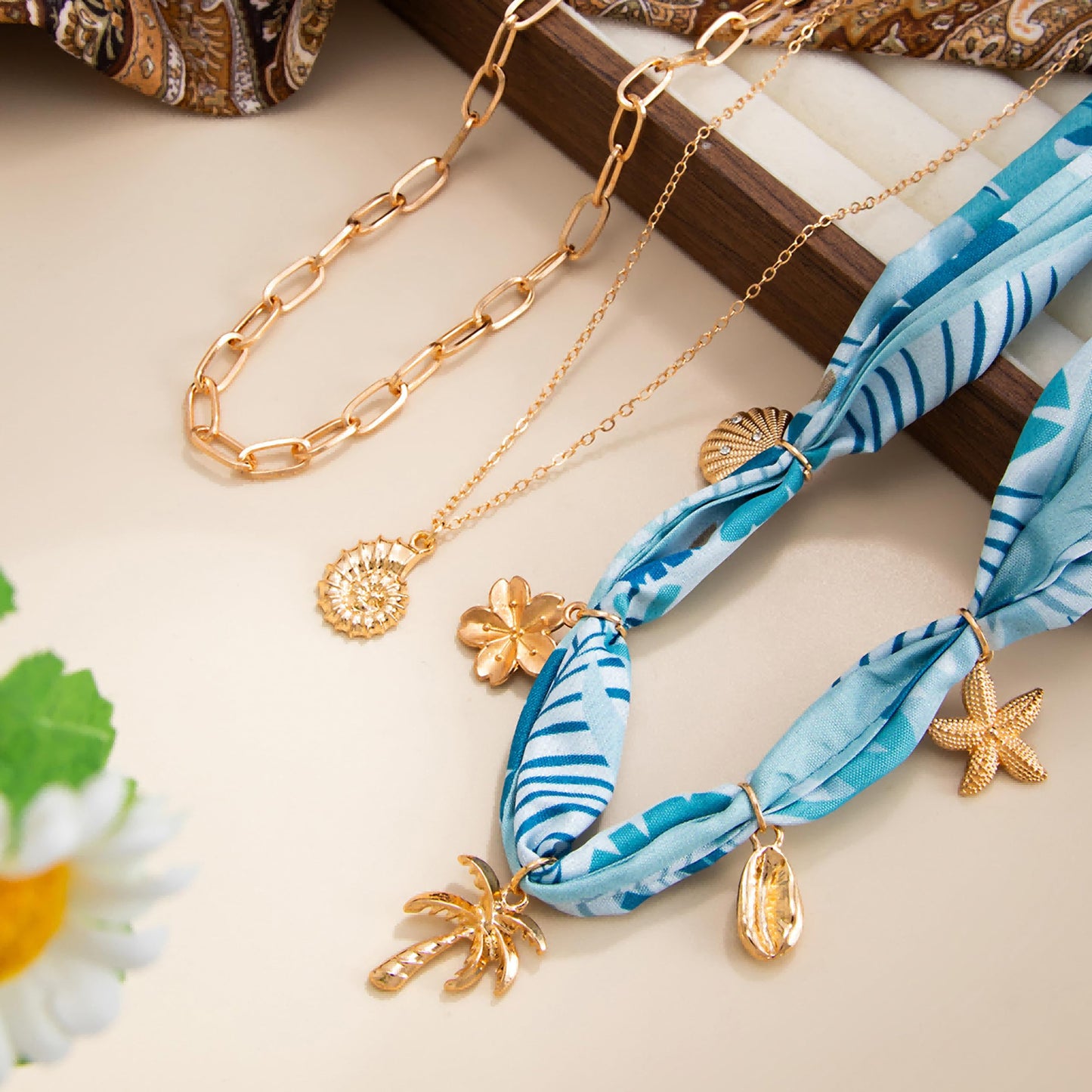 Your Always Charm Layered Scarf Necklace for Women - 3 Pcs Bandana Starfish Flower Shell Necklace with Charms, Summer Beach Boho Jewelry, Layered Choker Gift