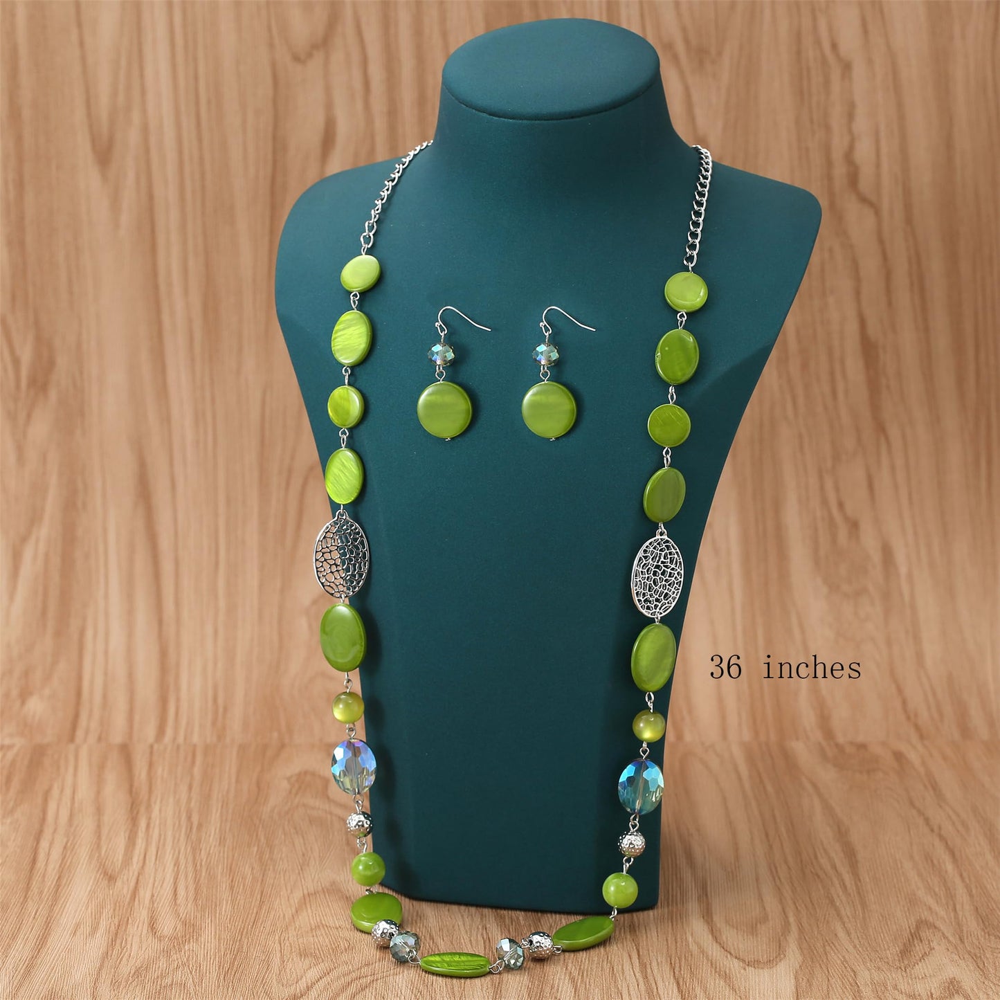 Aenu Beaded Long Necklace Set for Women Silver Gold Tone Sweater Chain Stone Crystal Beads Necklace Trendy Fashion Jewelry for Holiday Gifts (Green)