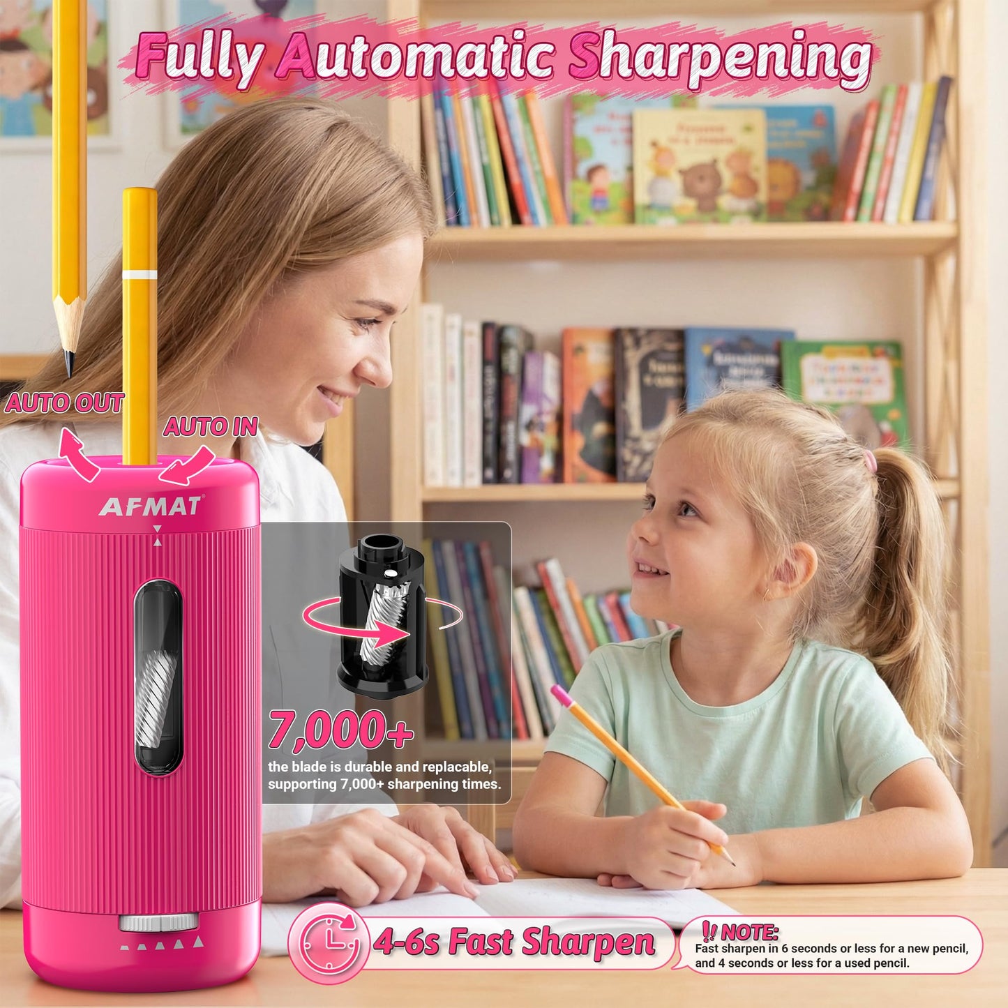 AFMAT Electric Pencil Sharpener, Auto in & Out, 5 Nibs, 7K+ Uses, Fully Automatic Classroom Pencil Sharpener, Rechargeable Hands-Free Sharpeners for Jumbo/Colored Pencils (φ6.5-12mm) PSC3(Rose Red)