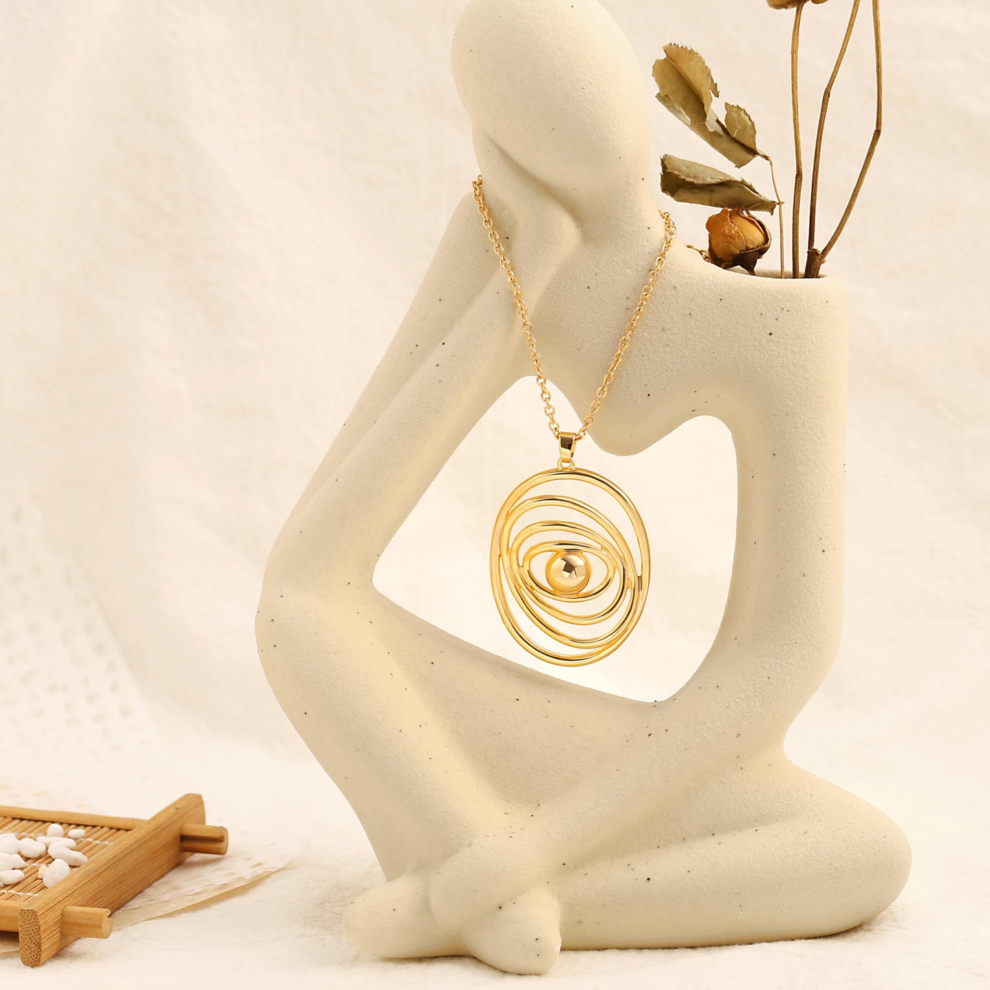 CANEVINKA 18K Gold Plated Evil Eye Oval Pendant Necklace Long Chain Link Sweater Necklace Layering Jewelry for Women