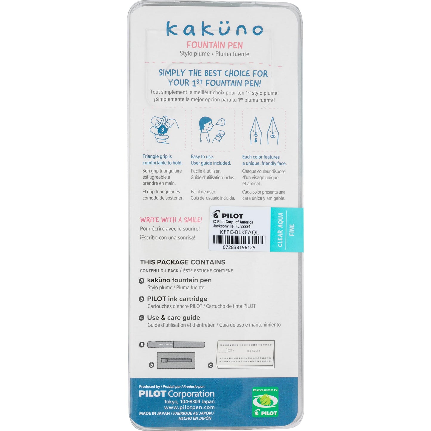 PILOT Kakuno Fountain Pen, Aqua Barrel, Fine Nib