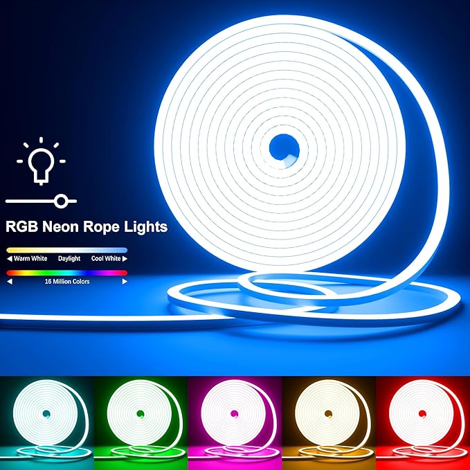 Cozylady 100Ft (50Ft * 2 Rolls) RGB LED Neon Rope Lights for Bedroom, 30m LED Strip Lamp with Double Sided Adhesive Tape, App/Remote Control DIY Lights Decorate The Outdoor and Indoor of Your Home