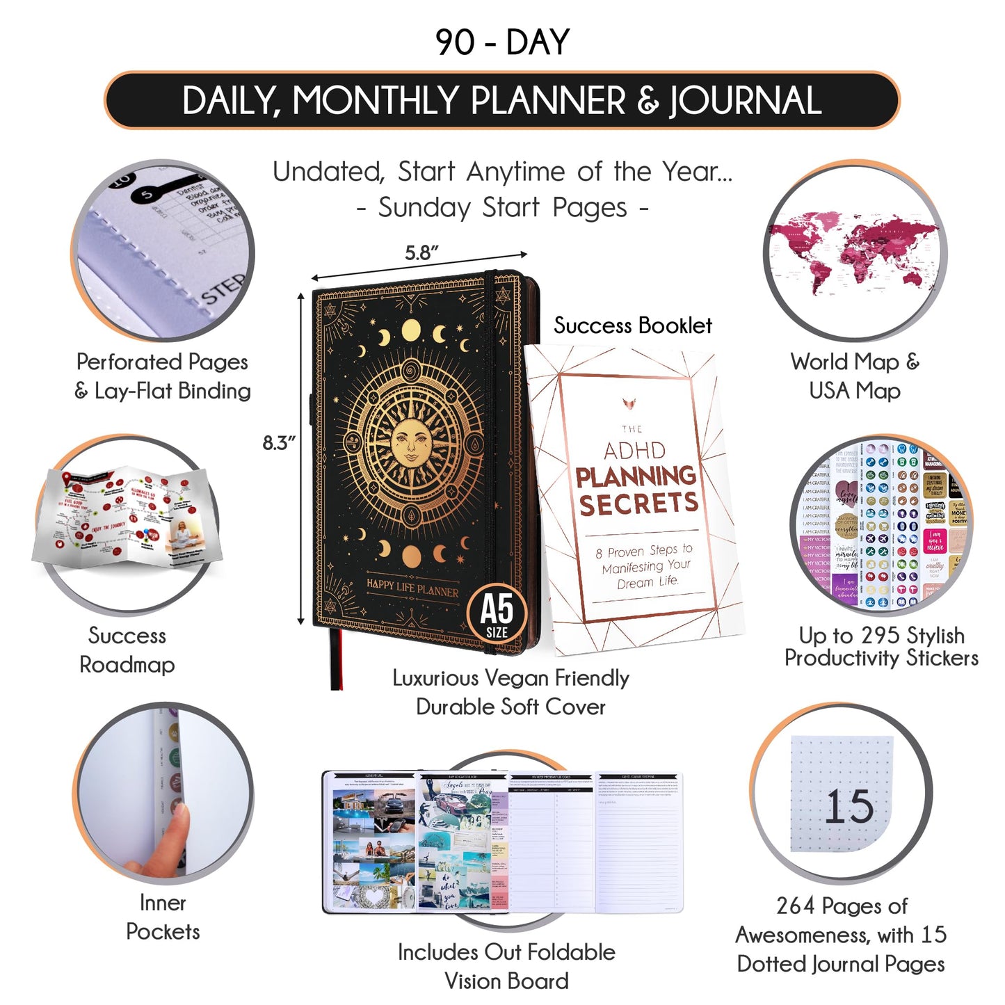 Adhd Daily Planner - A Self Care Personal Gratitude Journal to Increase Productivity and Success in Life & Work, Weekly & Monthly Undated Planner for Women and Men, Vision Board & Organizer + Stickers