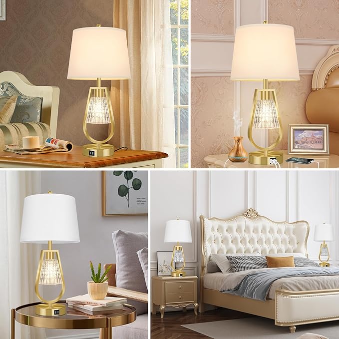 VerRon Set of 2 Touch Control Table Lamps, Dimmable Nightstand Lamps with 2 USB Ports, Bedside Lamps with Night Light, Gold Lamps with White Shade for Living Room Bedroom, 4 Bulbs Included