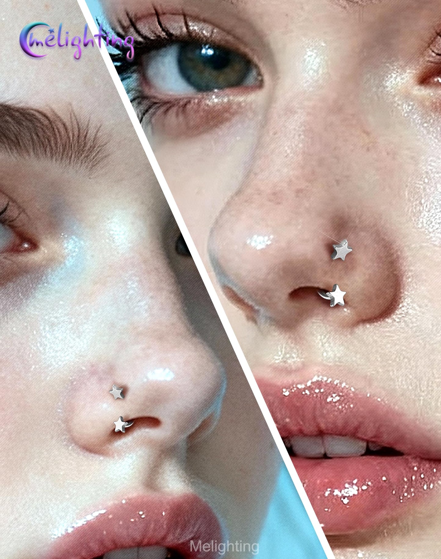 Melighting 20G Horseshoe Nose Rings Hoop, Threadless Nose Piercing with Piercing Taper Ball Grabber Tool 316L Stainless Steel, Star Septum Lip Helix Rook Piercing Jewelry for Women 8 mm