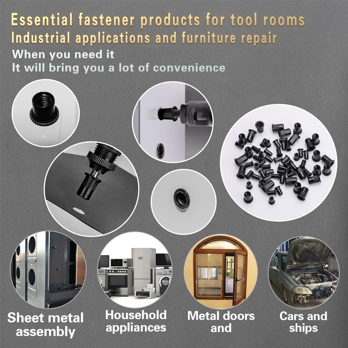 SAE Rivet Nut Tool 420pcs Imperial Carbon Steel Rivet Nut Tool Kit, (5/16-18、1/4-20、10-24、8-32、6-32), Suitable for Furnitur, Automotive, Marine and Industrial Applications (SAE Carbon Steel Black)