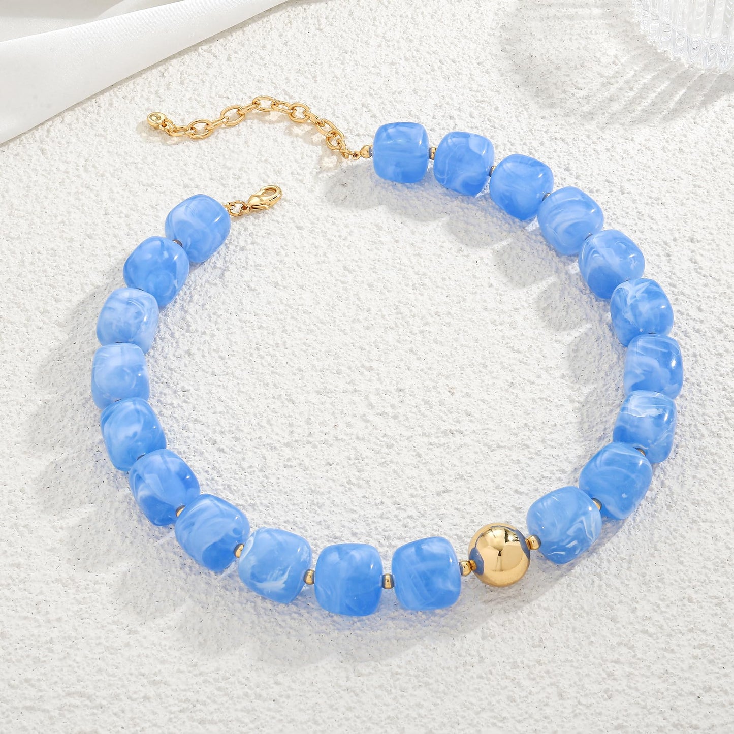 WOWORAMA Chunky Choker Necklaces for Women Sky Blue Large Square Resin Beads Necklace Trendy Statement Chunky Beaded Necklace Summer Holiday Jewelry