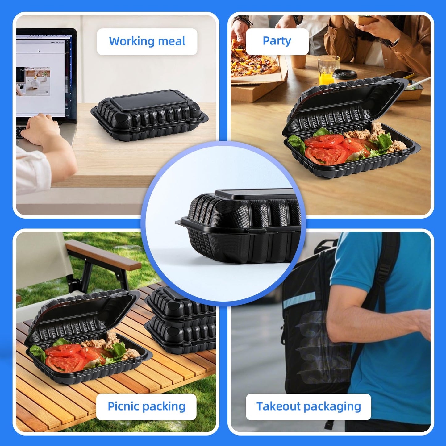 YANGRUI Takeout Containers 9x6 28 oz 50 Pack - Shrink Wrapped No Pre-Wash Mineral-Filled BPA Free PP Plastic | Reusable Heavy Duty Microwave Safe | Restaurant Grade Black Clamshell Food Container