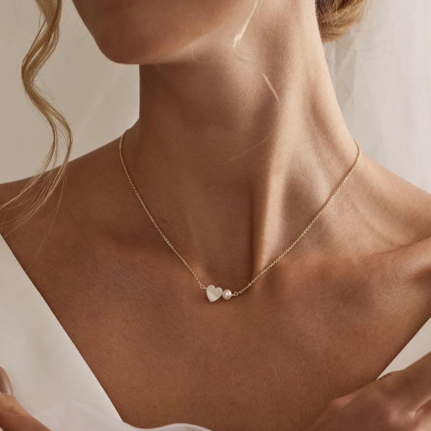 Caenyo Love Heart Pearl Necklace, A Romantic Gift for Her, 14K Gold Plated Dainty Jewelry for Wife, Girlfriend on Valentine's Day, Anniversary, Birthday, Adjustable 16+2"
