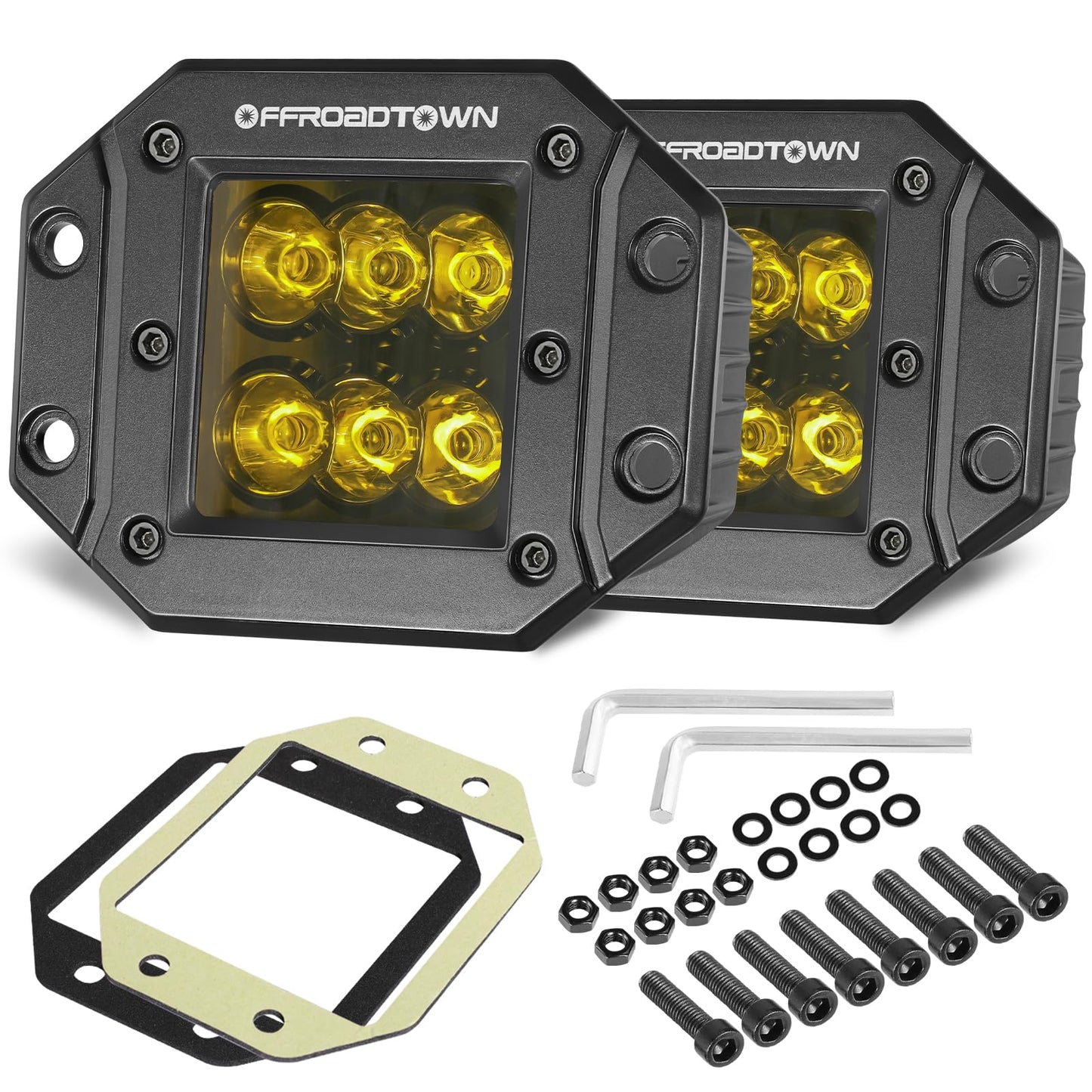 Flush Mount LED Pods Amber, OFFROADTOWN 5 12,000LM CREE LED Driving Lights Fog Light Reverse Yellow Backup Lights Off Road Flu
