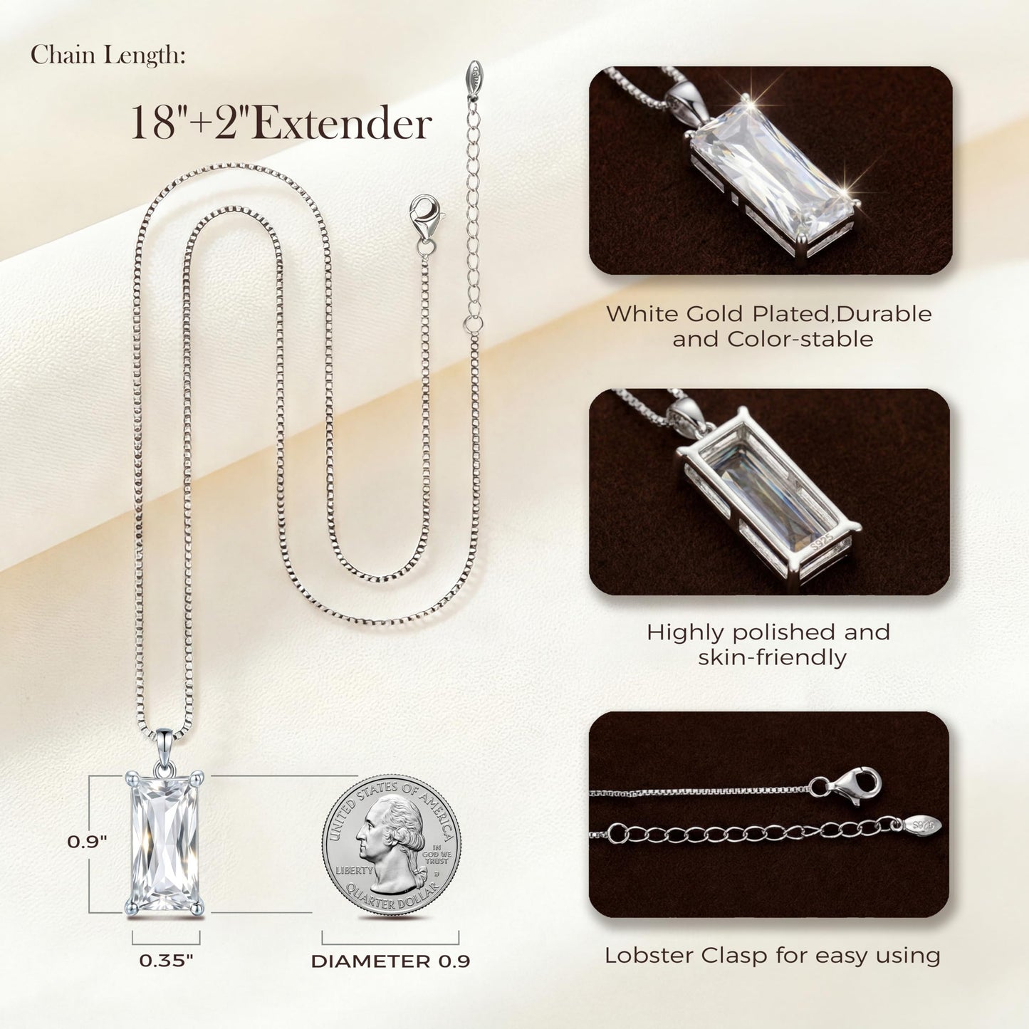 Kuschelkatze 8mm x 16mm Square April Birthstone Diamond Pendant Necklace – Fashion charming Sterling Silver Gift for women