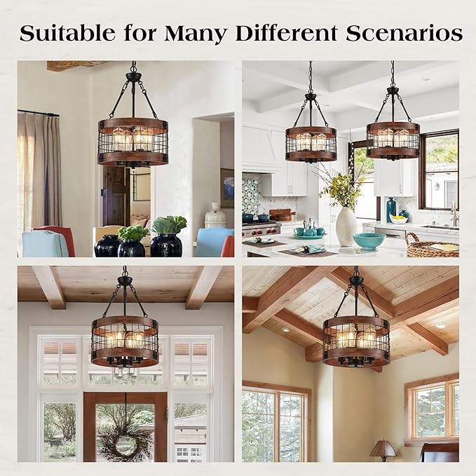 4-Light Farmhouse Drum Wood Pendant Light,14.5'' Vintage Rustic Brown Oak Wood Chandeliers,Retro Industrial Hanging Light Fixtures for Dining Room Entryway, Bedroom