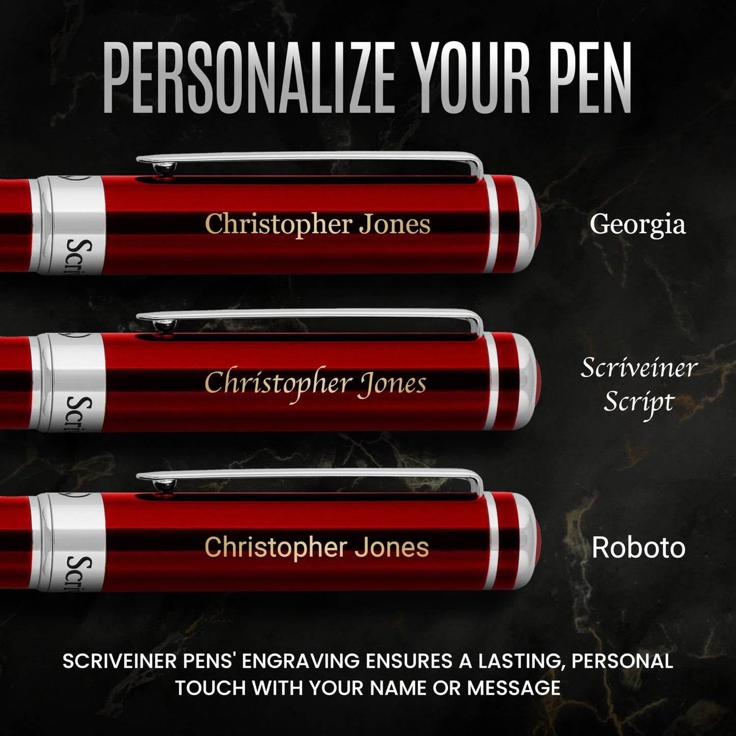 Scriveiner Personalized Deep Crimson Red Ballpoint Pen - Stunning Red Lacquer Luxury Pen with Chrome Finish, Schmidt Ink Refill, Engraved Ball Point Gift Set for Men & Women, Custom Engraving