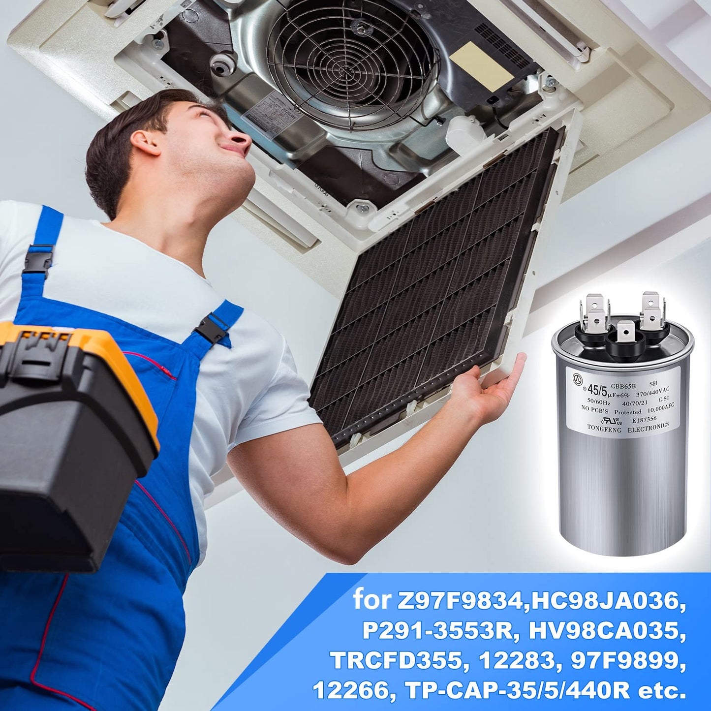 Frienda 2 Pcs 45+5 MFD 45/5 uf ±6% 370V or 440V VAC Dual Run Round Capacitor, 45 5 Start Capacitor for AC Air Conditioning Unit, Condenser Straight Cool or Heat Pump