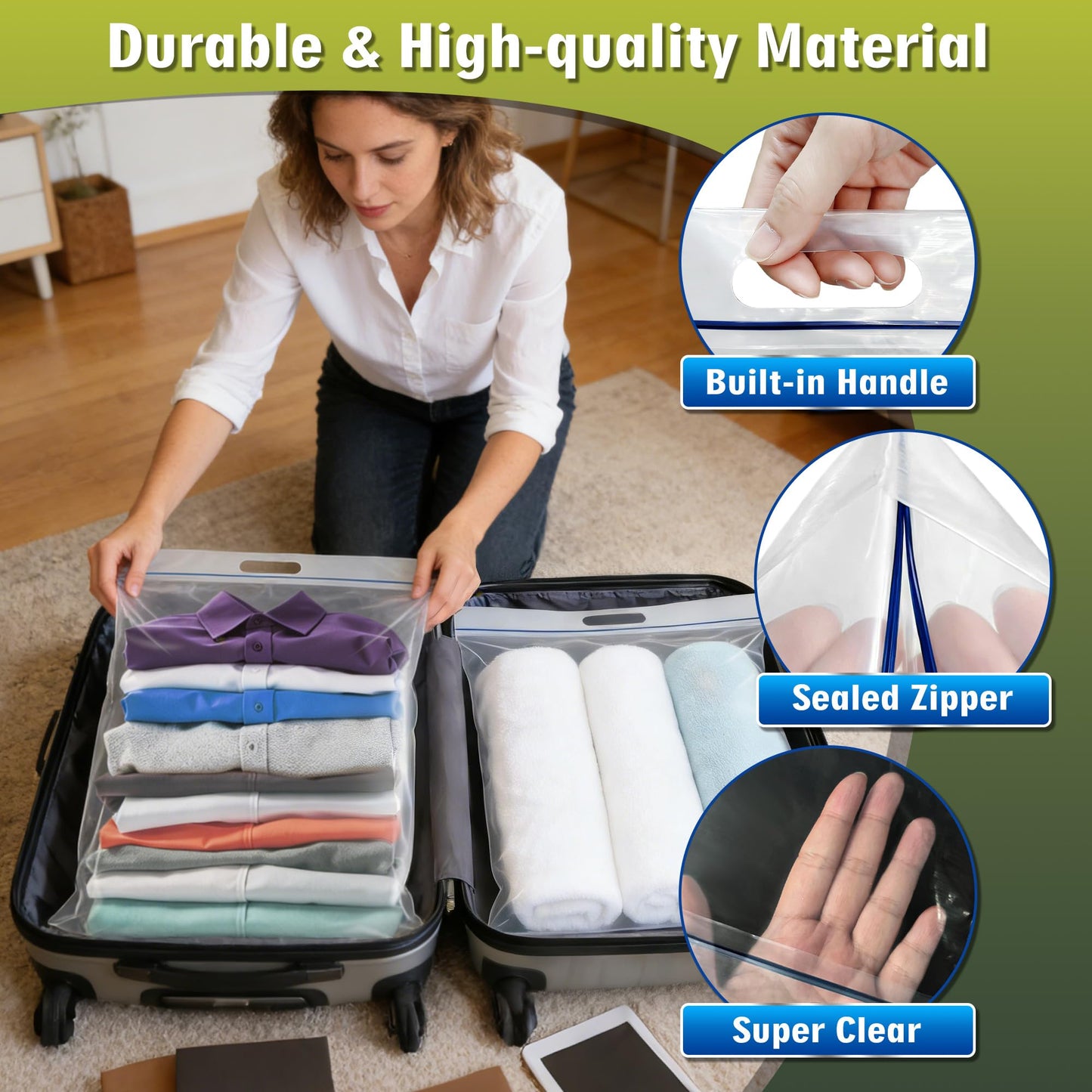 3 Gallon Extra Large Zipper Bag, 16” x 18” Clear Plastic Zip Bag with Handle for Storage, Moving Travel, 2mil Thick Resealable Lock, 60 pack