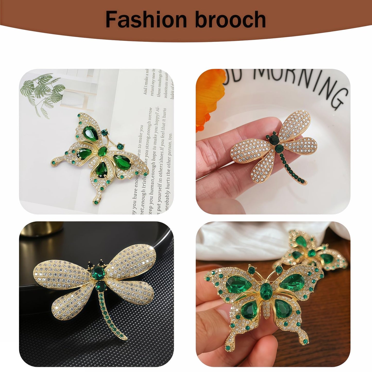 Yaximhozz 2pcs Rhinestone Brooch Pin for Women Dress Elegant Stylish Crystal Brooches Fashion Accessories Pins Lapel Boutonniere Ideas Wedding Christmas Birthday Jewelry Easter Gift dragonfly (18 White/Green Butterfly)