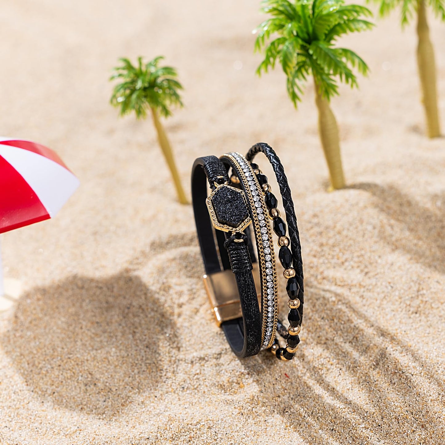 FANCY SHINY Crystal Beaded Leather Wrap Bracelet Stackable Boho Jewelry for Women Trendy Braided Resin Stone Bangle Cuff with Magnetic Clasp(Black)