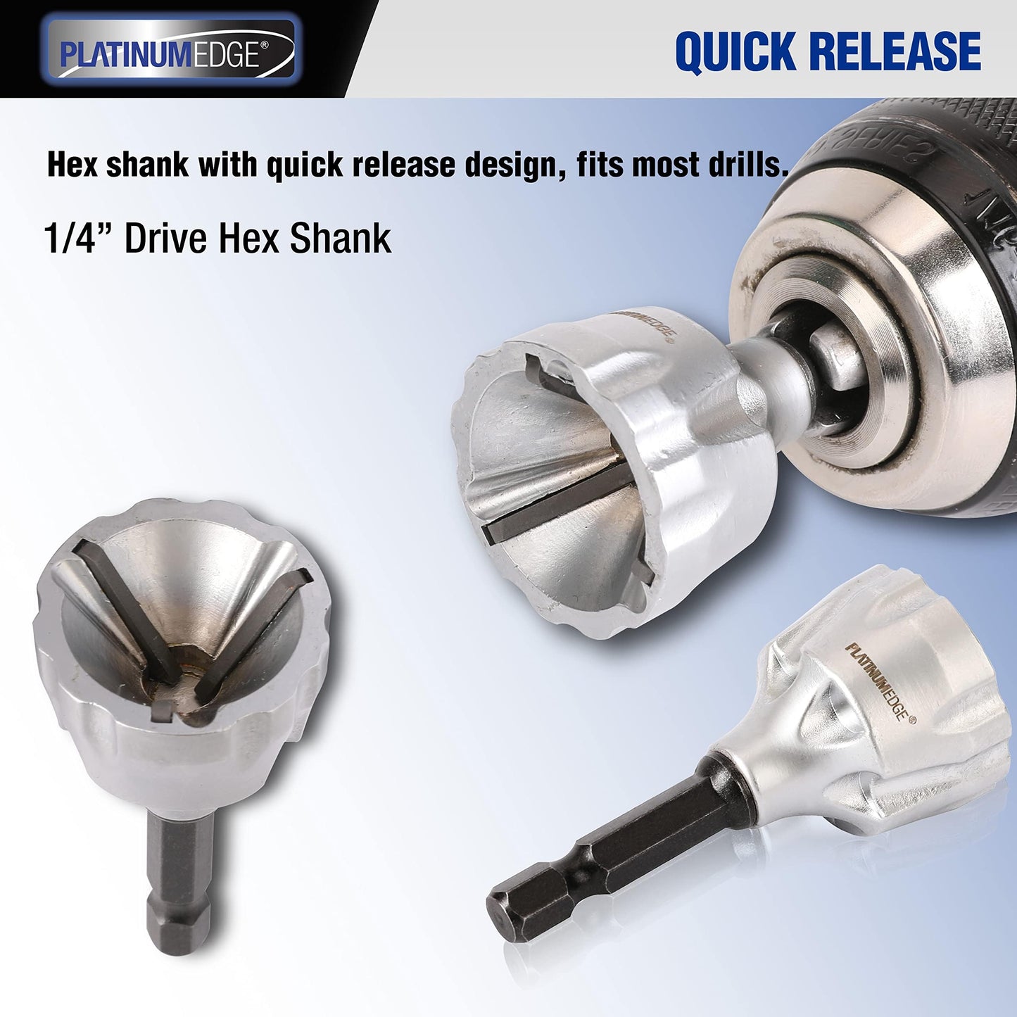 PLATINUMEDGE Deburring External Chamfer Tool with 3 Tungsten Carbide Blades,Quick Release 1/4" Hex Shank, Fits 1/8"-3/4" (3-19mm) – Repair Damaged Bolts, Screws, Threaded Rods & Pipe