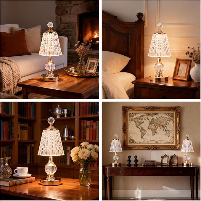 Vintage Gold Crystal Rechargeable Lamp Cordless, LED Touch Battery Operated Table Lamp, 3 Colors Dimmable Portable, Modern Home Decor, Bedroom, Bedside, Living Room, Kitchen, Diamond