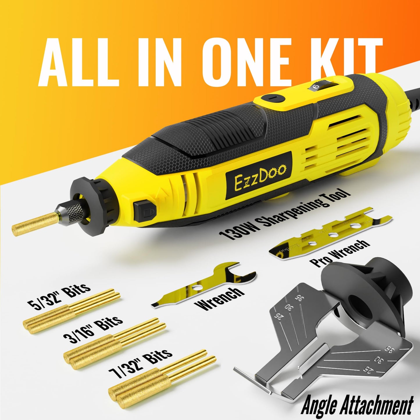 EzzDoo Electric Chainsaw Sharpener Kit with 6 Titanium-Coated Diamond Bits - Handheld Chain Saw Sharpener Tool for All Chains - No Removal Required, Easy and Fast Chainsaw Sharpening Kit