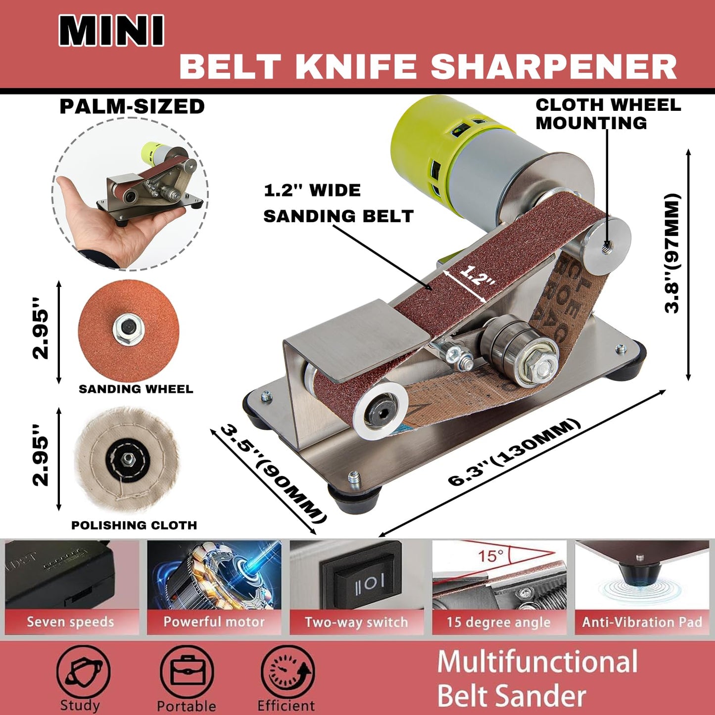 Mini Belt Sander, 7 Adjustable Speed Electric Knife Sharpener, 15 Degree Belt Grinder, Power Belt Sander for Metal Working and Woodworking