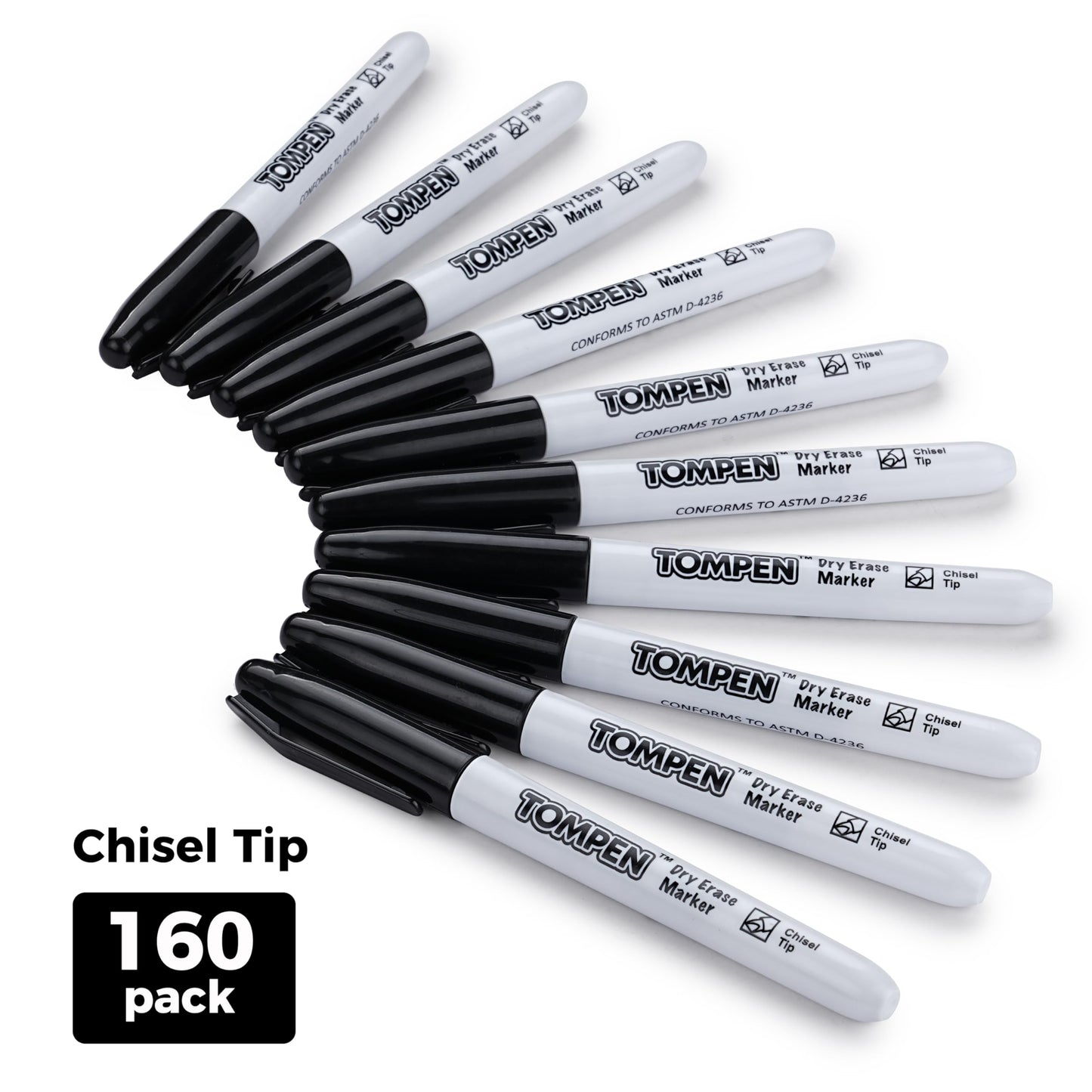 TOMPEN Dry Erase Markers Black,160 Bulk Pack Chisel Tip,Low Odor Quick-Drying Whiteboard Markers for Office Home School Writing Planning