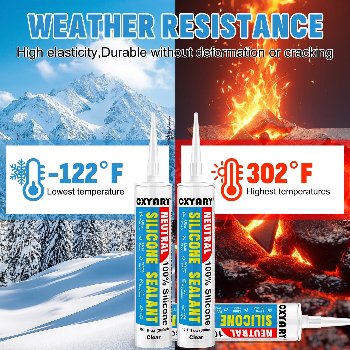 Silicone Caulk & Sealant Clear, 6 Pack - 100% Waterproof Silicone Sealant, Silicone Caulking for Kitchen and Bathroom, Toilet, Sink, Window & Door Use, Shrink & Crack Proof (10.1 FL.OZ/300ml)