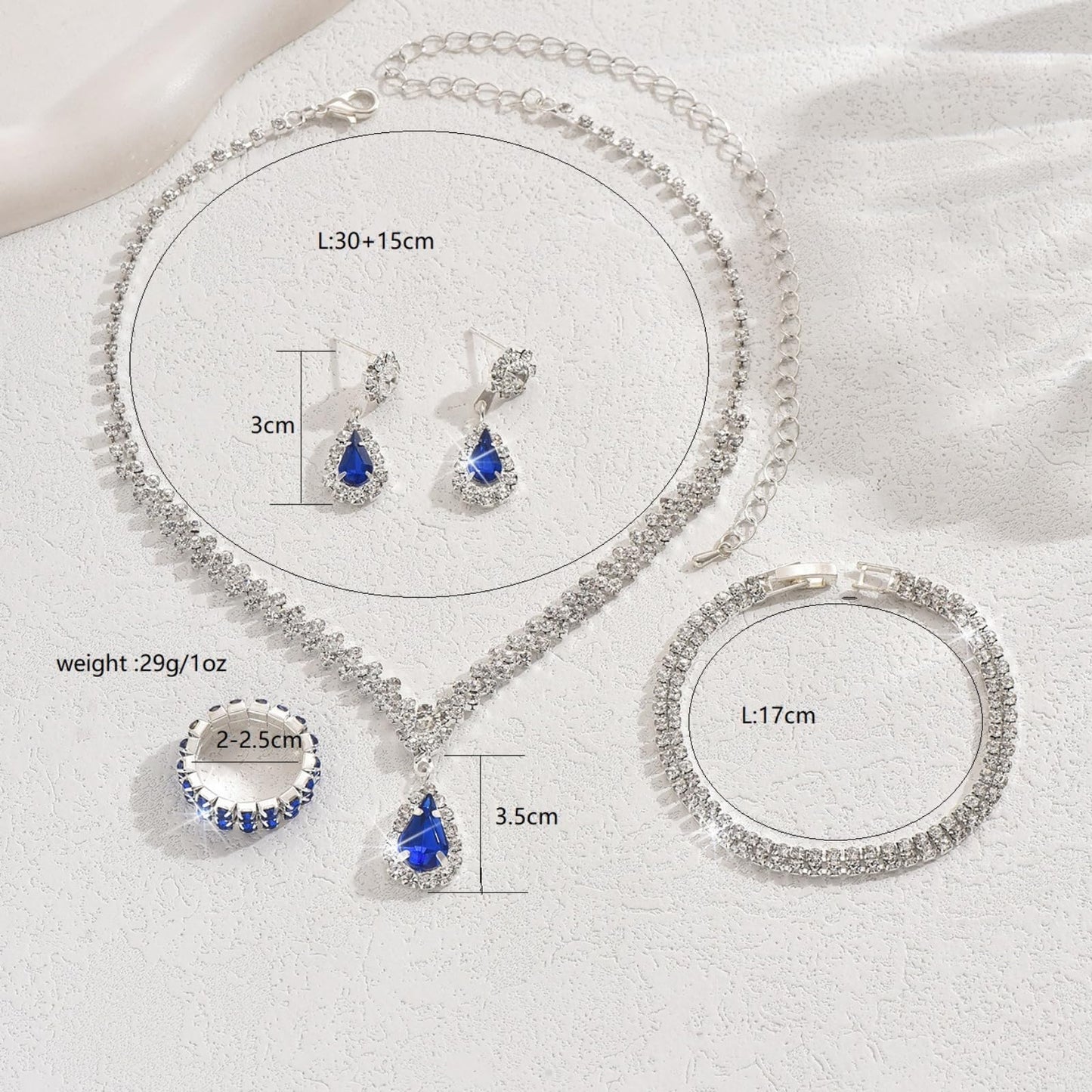 IS4U Rhinestone Water Drop Set for Women Bridal Wedding Vintage Colourful Crystal Zircon Statement Necklace Ring Earrings Bracelet Set Party Dress Ball Fashion Jewellery (Blue)