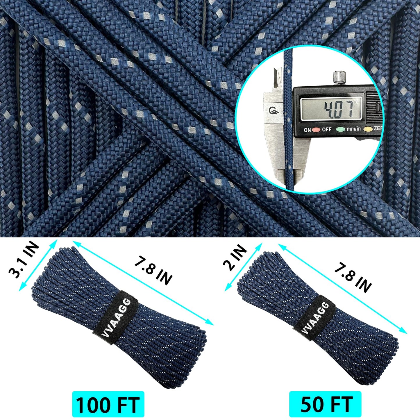 VVAAGG Reflective Paracord Rope 200FT, 7 Strand Nylon para Cord Lanyard Utility 550 Parachute Cord, 4mm Thin Tent Rope for Outdoor Camping Hiking (DKBlue 200FT)