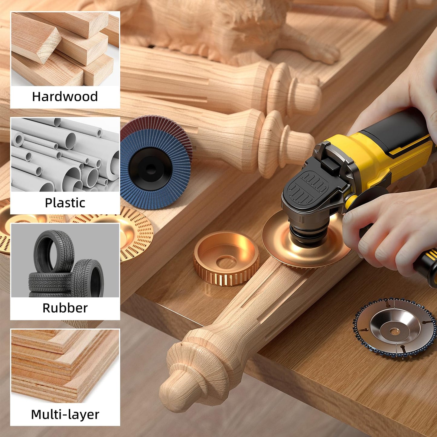 BURMONG 14PCS Wood Carving Disc Set for 4" & 4-1/2" Angle Grinder – Wood Cutting, Carving & Grinding Kit with Chainsaw Disc, Wood Shaping Discs, Flap Sanding Wheels, Adapter Rings & Wrench