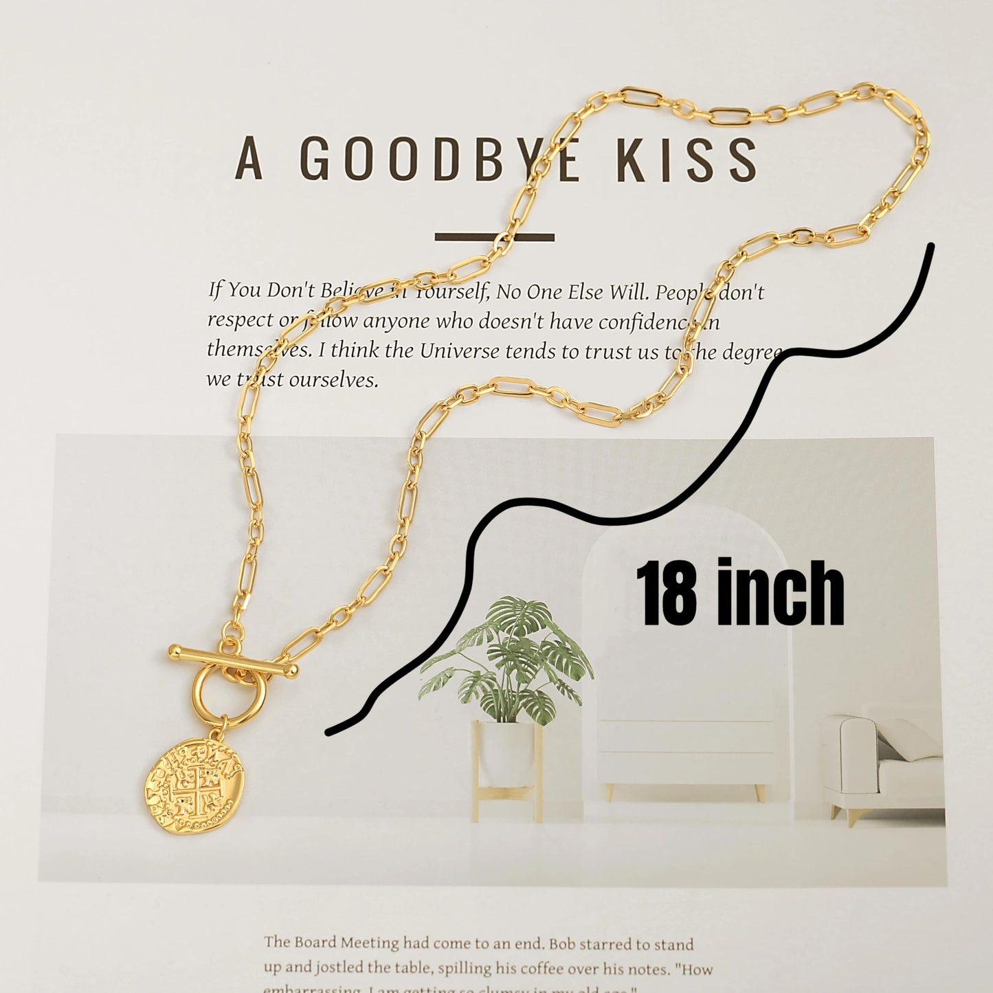 PEARLADA Vintage Cross Pendant Coin Necklace, 18k Gold Plated Paperclip Necklace with Toggle, Dainty Christian Jewelry