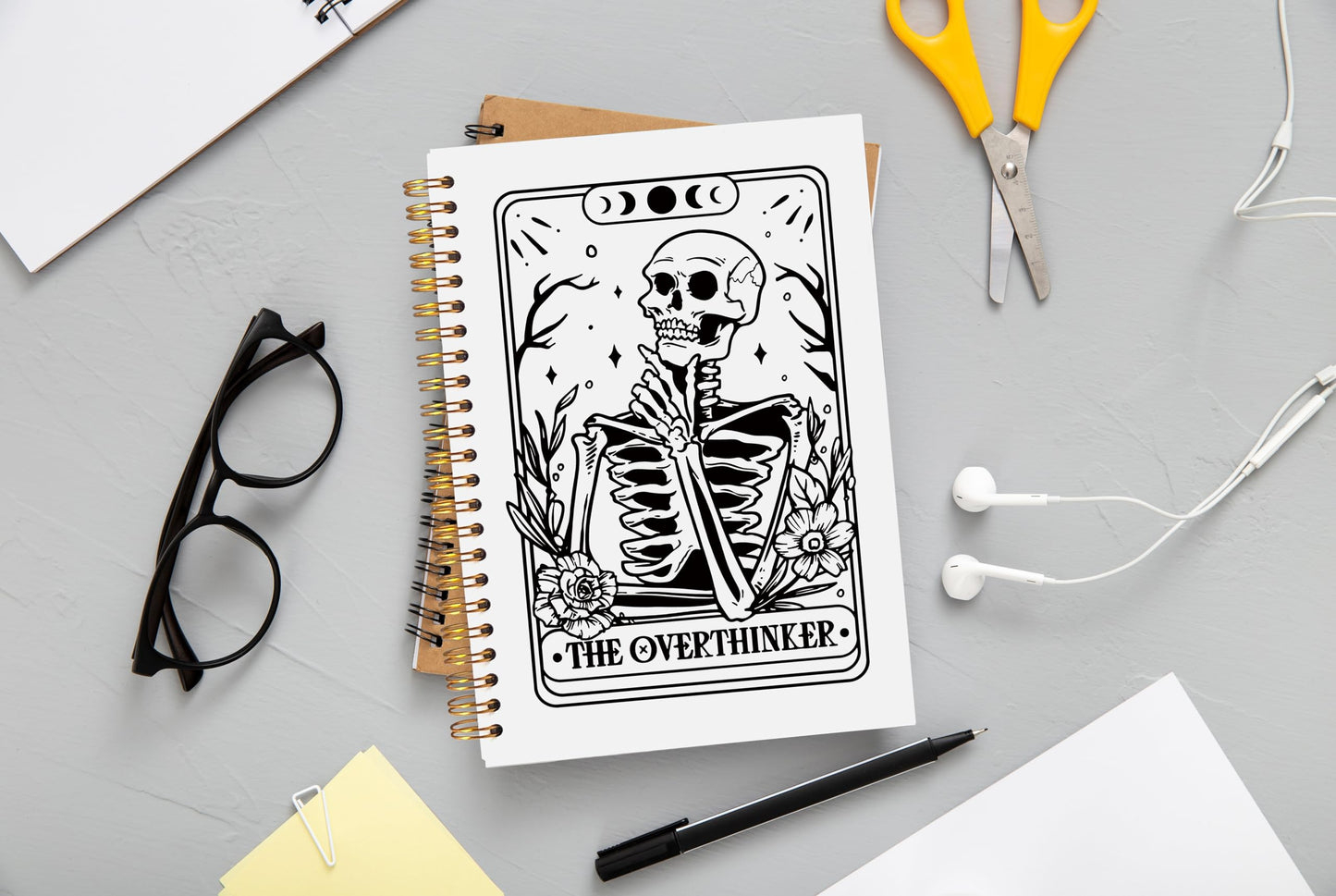 Ecezatik the Overthinker Tarot Card Notebook Journal, Gothic Goth Skull Notebook Journal, Witchy Journal, Goth Office Supplies, Witchy Stuff Spiral Notebook 5.5x8.3