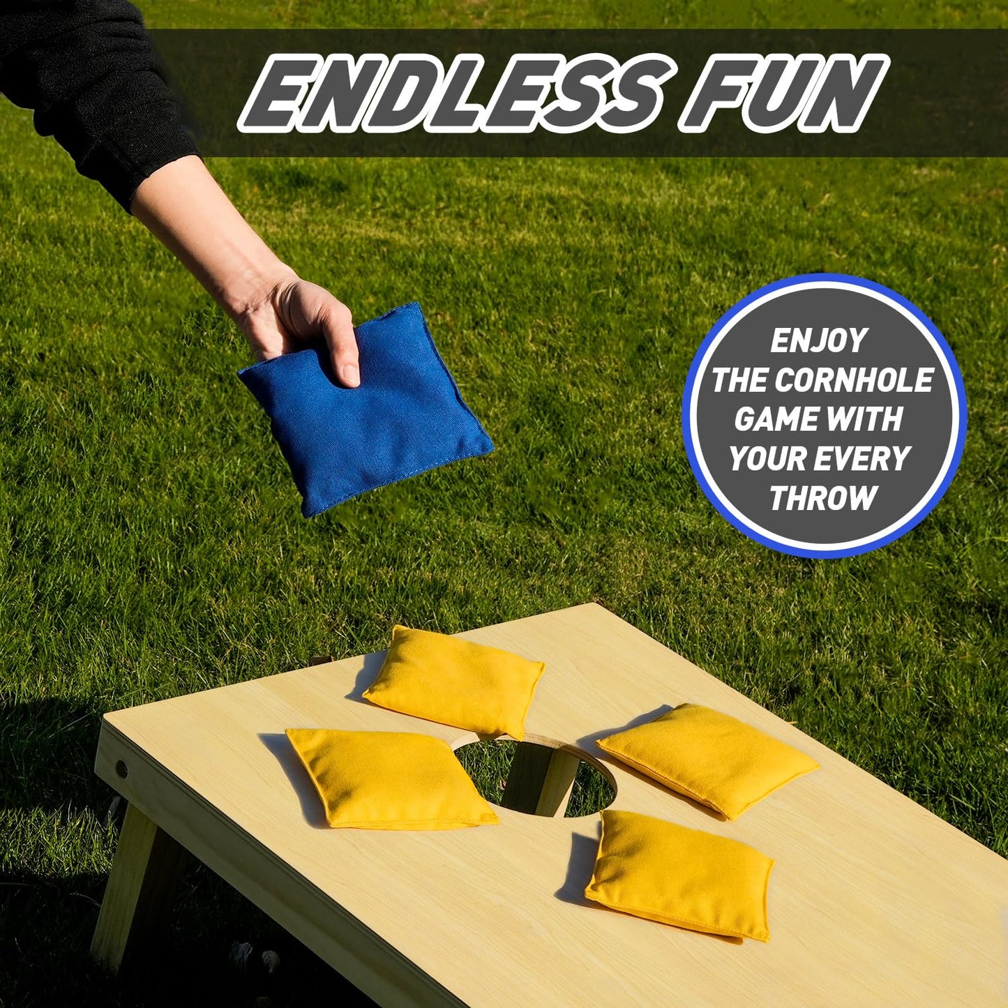 POTIVE Cornhole Bags Set of 8 Regulation Corn Hole Bean Bags for Cornhole Game, Professional Weather Resistant Corn Hole Bags with Tote Bag(Blue/Yellow)